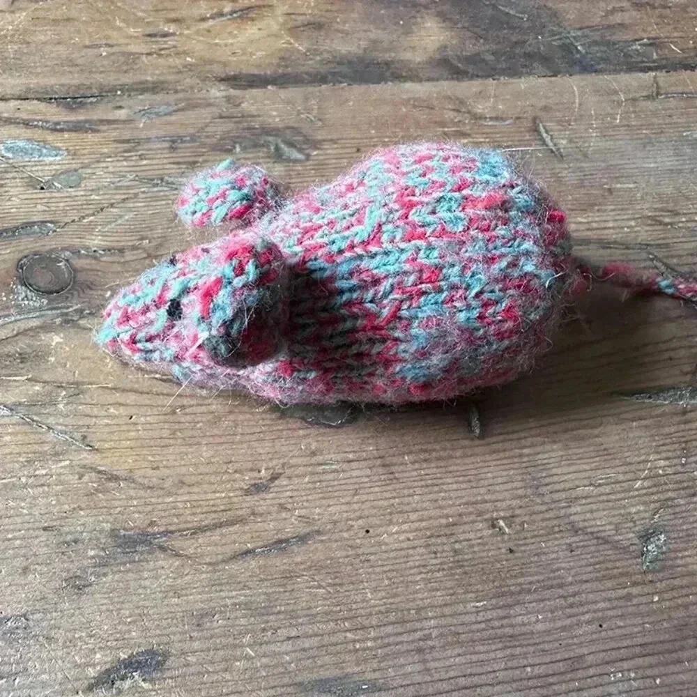 Lovingly Handknit Red / Grey Cat Toy Mouse